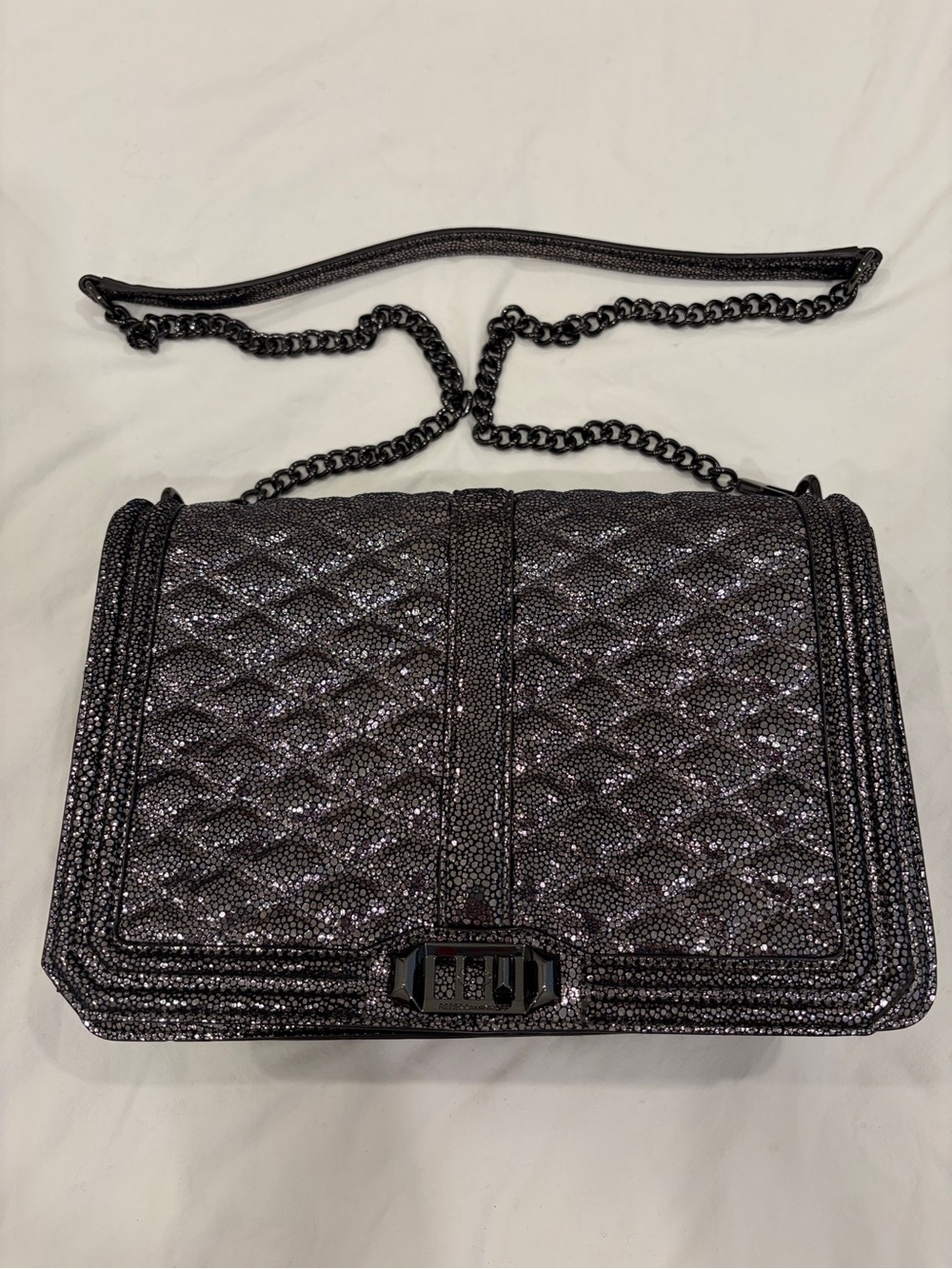 NWOT Rebecca Minikoff Jumbo Love black metallic leather crossbody shoulder bag